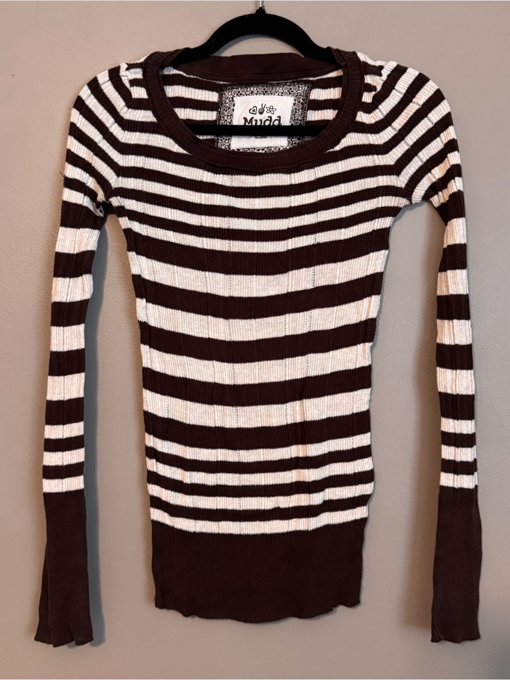 VTG Y2K Mudd Brown & White Striped Long Sleeve Sweater Sz Sm Bella Swan Fairy